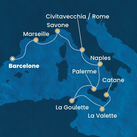 carte Espagne, France, Italie, Tunisie, Malte, 9 jours