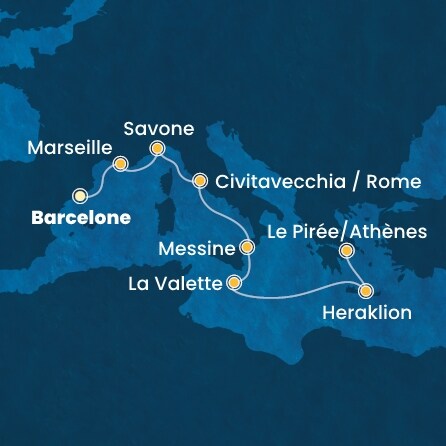 carte Espagne, France, Italie, Malte, Grèce, 9 jours