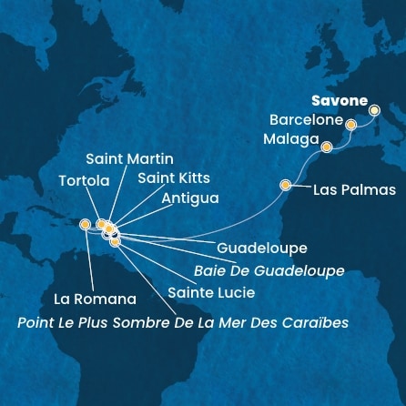 carte Italie, Espagne, Canaries, Antilles, Rép.Dominicaine, Iles Vierges, 23 jours