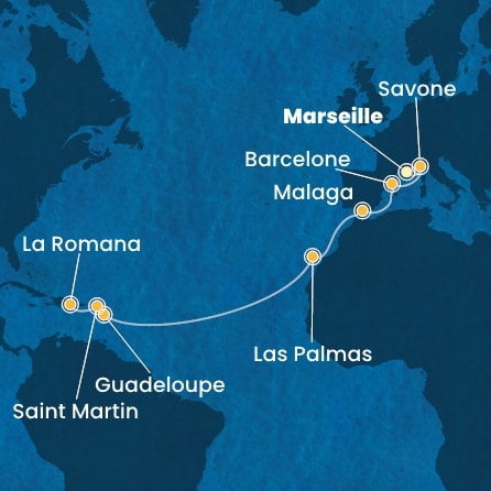 carte France, Italie, Espagne, Canaries, Antilles, Rép.Dominicaine, 17 jours