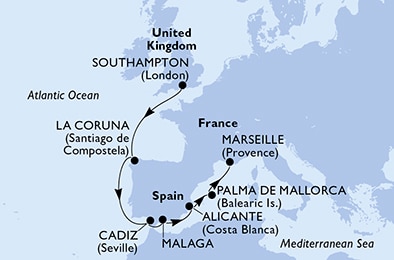 carte Royaume-Uni, Espagne, France, 9 jours