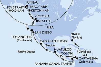 carte Miami, Cartagena, Colon, CTB-Panama Canal, BLB-Panam Canal, Huatulco, 26 jours