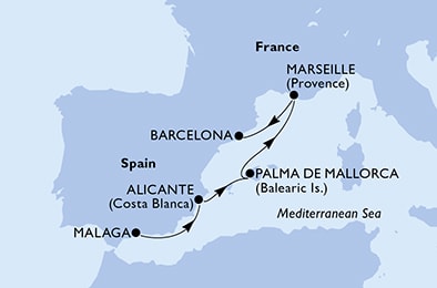 carte Malaga, Alicante, Palma de Mallorca, Marseille, Barcelona, 5 jours