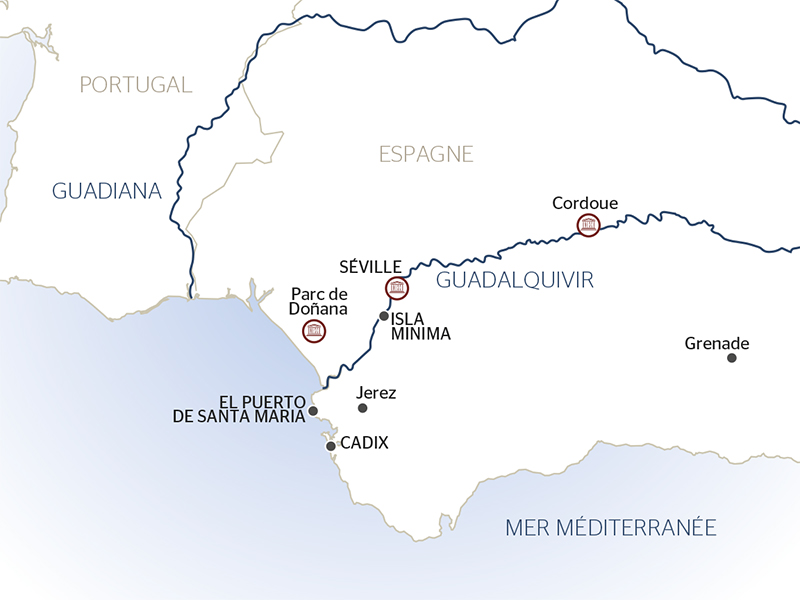 carte Croisière famille: les splendeurs de l'Andalousie au fil du Guadalquivir :  Séville, Grenade, Cordoue et Cadix (formule port/port), 8 jours - SHF_FAMPP