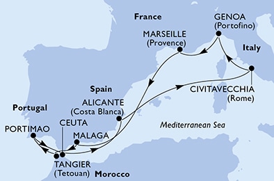 carte Malaga, Tangier, Portimao, Ceuta, Alicante, Civitavecchia, 11 jours