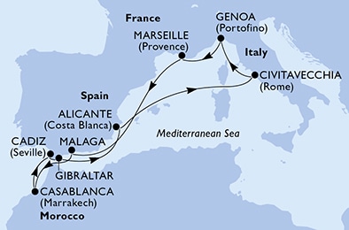 carte Malaga, Casablanca, Cadiz, Gibraltar, Alicante, Civitavecchia, 11 jours