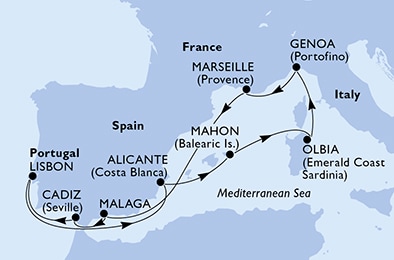 carte Marseille, Malaga, Cadiz, Lisbon, Alicante, Mahon, 11 jours