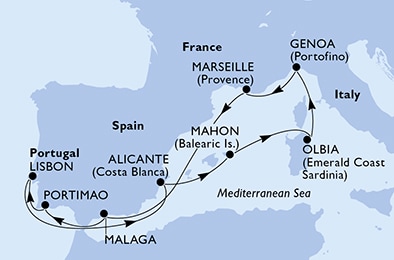 carte Malaga, Portimao, Lisbon, Alicante, Mahon, Olbia, 11 jours