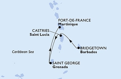 carte Bridgetown, Castries, Saint George, Fort de France, 5 jours