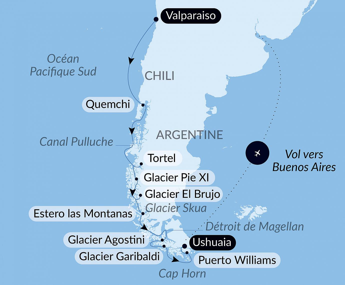 carte L’essentiel des fjords chiliens, 15 jours