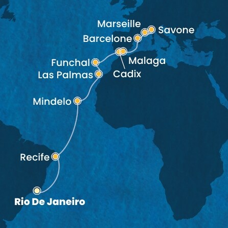 carte Brésil, Cap Vert, Canaries, Madère, Espagne, France, Italie, 20 jours