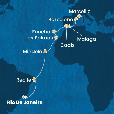 carte Brésil, Cap Vert, Canaries, Madère, Espagne, France, 19 jours