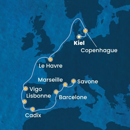 carte Allemagne, Danemark, France, Espagne, Portugal, Italie, 13 jours