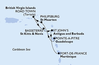 carte Pointe-a-Pitre, Philipsburg, Road Town, Basseterre, St John s, Fort de France, 7 jours