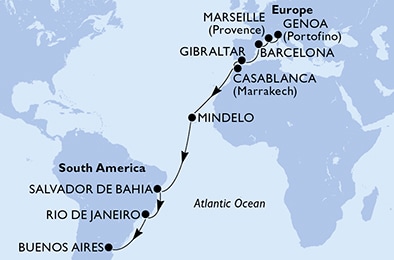 carte Genoa, Marseille, Barcelona, Gibraltar, Casablanca, Mindelo, 22 jours