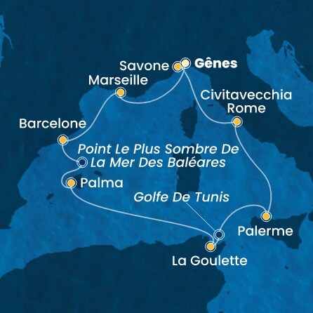 carte Italie, France, Espagne, Baléares, Tunisie, 9 jours