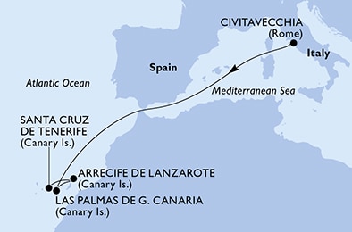 carte Civitavecchia, Las Palmas de G.Canaria, Arrecife de Lanzarote, Santa Cruz de Tenerife, 7 jours