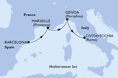 carte Barcelona, Marseille, Genoa, Civitavecchia, 4 jours