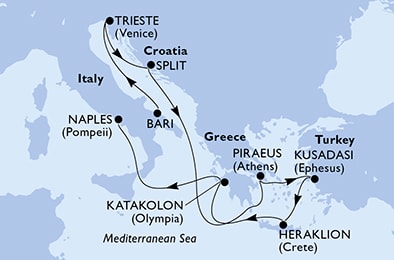 carte Bari, Trieste, Split, Piraeus, Kusadasi, Heraklion, 10 jours
