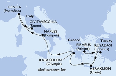 carte Piraeus, Kusadasi, Heraklion, Katakolon, Naples, Genoa, 8 jours