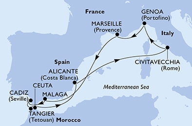 carte Malaga, Cadiz, Tangier, Ceuta, Alicante, Civitavecchia, 11 jours