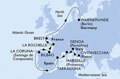 carte Civitavecchia, Genoa, Marseille, Tarragona, La Coruna, Bilbao, 13 jours