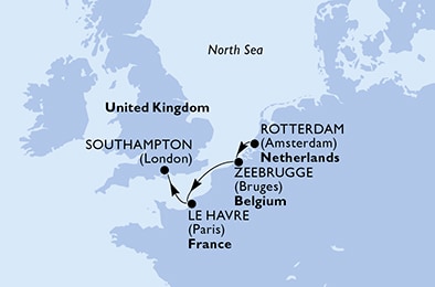 carte Rotterdam, Zeebrugge, Le Havre, Southampton, 4 jours