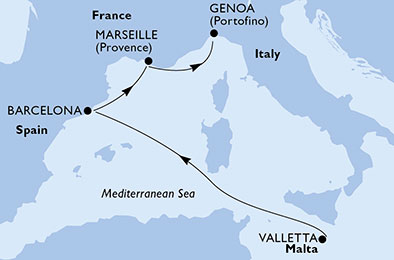 carte Valletta, Barcelona, Marseille, Genoa, 5 jours