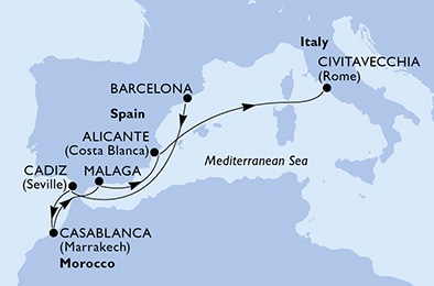 carte Barcelona, Cadiz, Casablanca, Malaga, Alicante, Civitavecchia, 8 jours