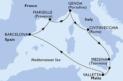 carte Marseille, Genoa, Civitavecchia, Messina, Valletta, Barcelona, 8 jours