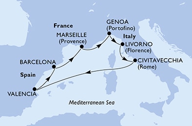carte Valencia, Barcelona, Marseille, Genoa, Livorno, Civitavecchia, 8 jours
