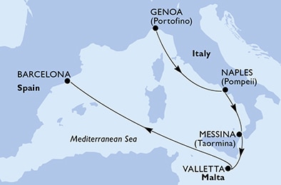 carte Genoa, Naples, Messina, Valletta, Barcelona, 6 jours
