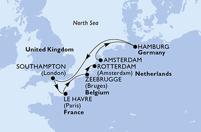 carte Amsterdam, Hamburg, Southampton, Le Havre, Zeebrugge, Rotterdam, 8 jours