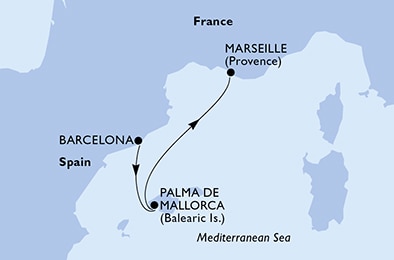 carte Barcelona, Palma de Mallorca, Marseille, 3 jours