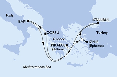 carte Piraeus, Izmir, Istanbul, Corfu, Bari, 8 jours