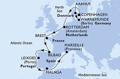 carte Danemark, Allemagne, Hollande, France, Espagne, Portugal, 14 jours