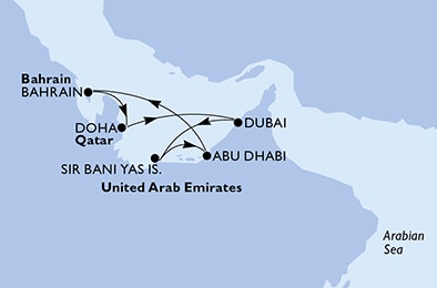 carte Doha, Dubai, Sir Bani Yas, Abu Dhabi, Bahrain, 8 jours