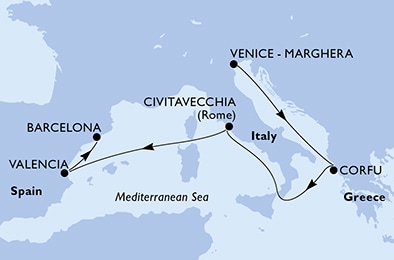 carte Venice-Marghera, Corfu, Civitavecchia, Valencia, Barcelona, 8 jours