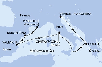 carte Venice-Marghera, Corfu, Civitavecchia, Valencia, Barcelona, Marseille, 9 jours