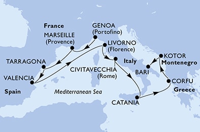 carte Genoa, Marseille, Tarragona, Valencia, Livorno, Civitavecchia, 11 jours