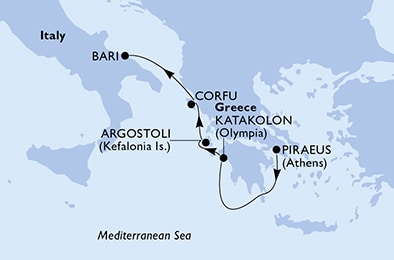 carte Piraeus, Katakolon, Cefalonia, Corfu, Bari, 5 jours