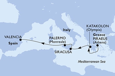 carte Piraeus, Katakolon, Siracusa, Palermo, Valencia, 6 jours