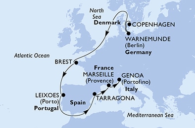 carte Copenhagen, Warnemunde, Brest, Leixoes, Tarragona, Marseille, 12 jours