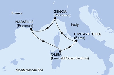 carte Civitavecchia, Genoa, Marseille, Olbia, 5 jours