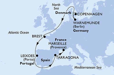 carte Copenhagen, Warnemunde, Brest, Leixoes, Tarragona, Marseille, 11 jours