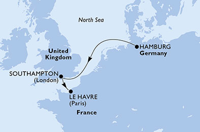 carte Hamburg, Southampton, Le Havre, 4 jours