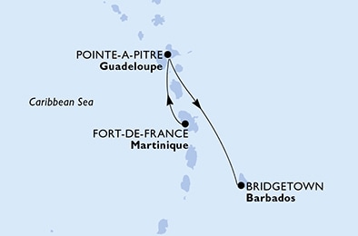 carte Fort de France, Pointe-a-Pitre, Bridgetown, 4 jours
