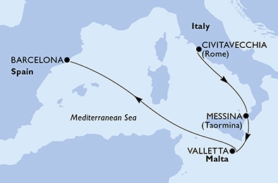 carte Civitavecchia, Messina, Valletta, Barcelona, 5 jours
