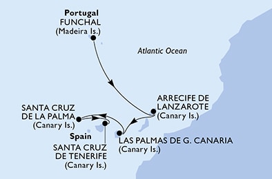 carte Funchal, Arrecife de Lanzarote, Las Palmas de G.Canaria, Santa Cruz de La Palma, Santa Cruz de Tenerife, 6 jours