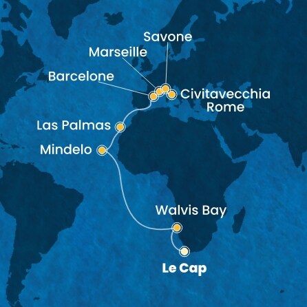 carte Afrique du Sud, Namibia, Cap Vert, Canaries, Espagne, France, Italie, 21 jours